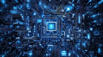 Fototapeta premium Illuminated CPU processing data in server. Tech background for digital service