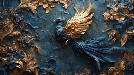 Blue gold phoenix ornate wall art decor
