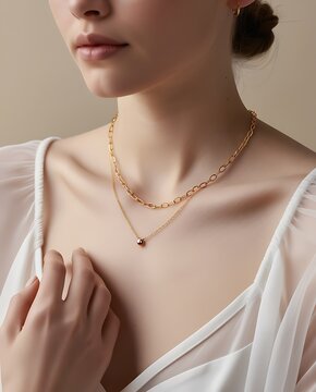 An elegant shot of a woman&rsquo;s neckline adorned with a minimal gold necklace, highlighting refined style and sophistication, ideal for jewelry or fashion advertising.


