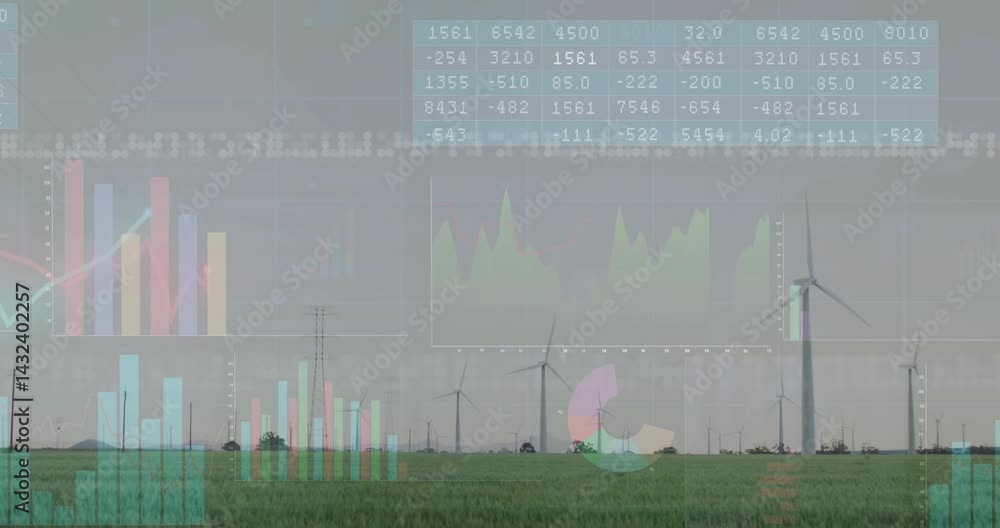 Poster wind turbines rotating in green field in flat design, with floating bar charts and line graphs