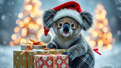 Adorable Koala in Santa Hat with Christmas Gifts