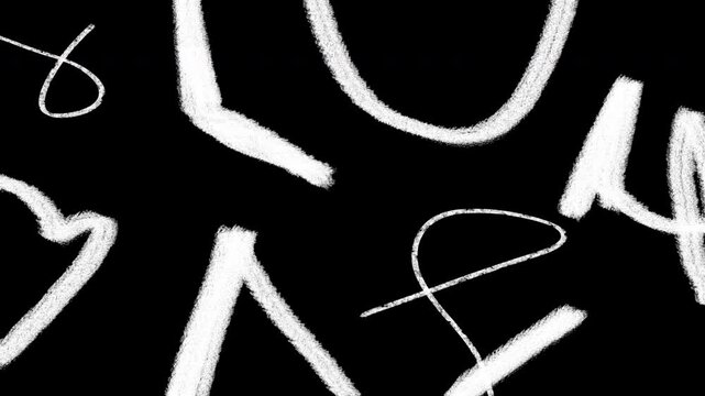 Monochromatic animation of white grunge pencil and brush doodle lines and textures on black background. Low frame rate effect. Seamless loop.