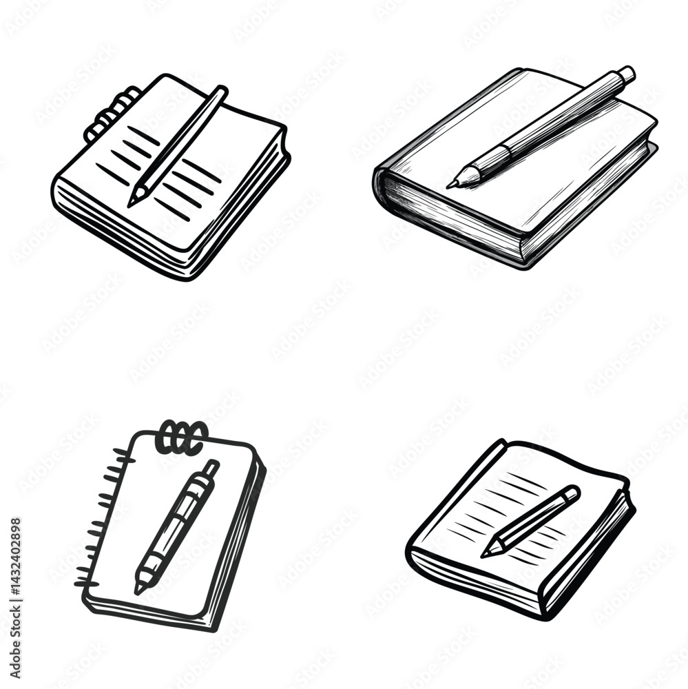 Poster sketchy notebooks and pencils vector icons isolated on transparent background