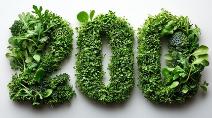 Number 200 made of fresh green salad leaves. Healthy eating concept.