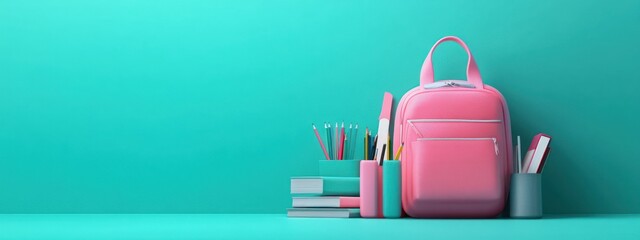 A pink backpack beside colorful stationery and books against a turquoise background.
