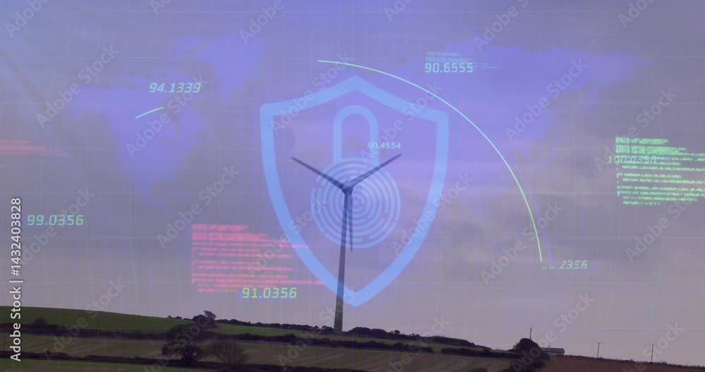Poster 3D shield hovering above green fields, showing padlock icon with floating data and rotating turbine