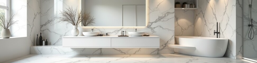 Fototapeta premium Statuario marble walls, double vanity, rain shower, relaxation, clean, double vanity