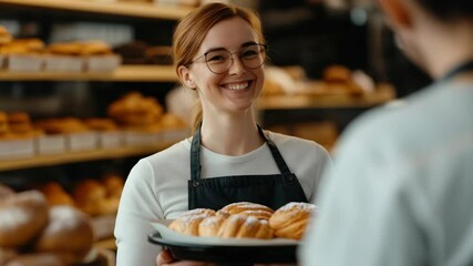 Cheerful young woman with glasses smiles while holding tray of warm, freshly baked pastries in bakery, surrounded by inviting array of baked goods.