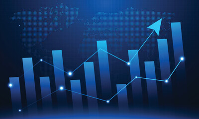 Abstract business growth up with chart technology with global world on dark blue futuristic background
