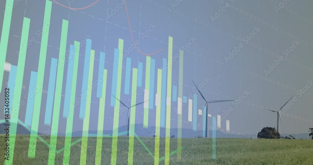 Poster wind turbines being visualized in rural scene, with translucent data charts and grassy field