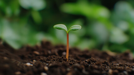 close up of sprout growing from soil, symbolizing new beginnings and growth in nature. vibrant green leaves contrast beautifully with rich brown earth, evoking sense of hope and renewal