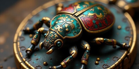 Fototapeta premium Intricately carved scarab beetle amulet Close-up detail , design, pharaoh