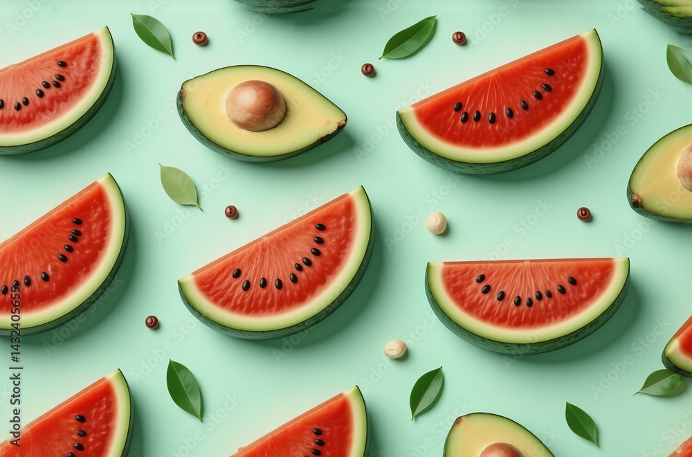 Poster a vibrant flat lay showcasing a repeating pattern of watermelon slices and halved avocados with gold