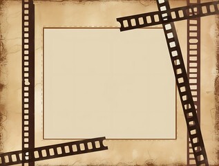 A vintage film frame with a blank center space, perfect for showcasing photographs or designs, surrounded by weathered filmstrip edges with an antique, aged texture.

