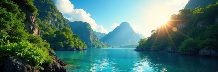 Sun-drenched limestone karsts rise from emerald green jungle under a vibrant blue sky , green, Sam Roi Yod, view