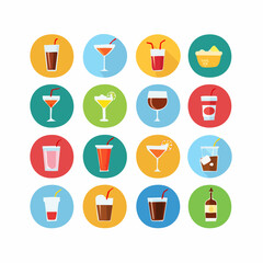 Set of vector icons representing various drinks and beverages including soda and cocktails