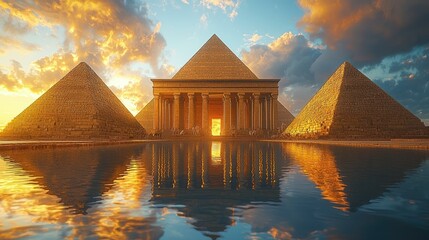 Golden Pyramids at Sunset: A Majestic Reflection