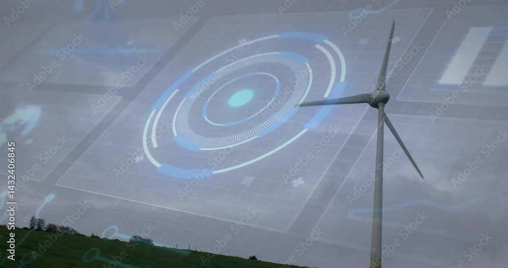 Poster wind turbine spinning on grassy hill showing digital hud overlay with circular graphs and gridlines