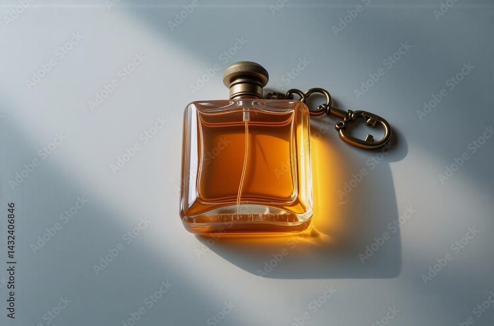 Poster a rectangular amber perfume bottle with a gold key chain, bathed in sunlight, rests on a minimalist 