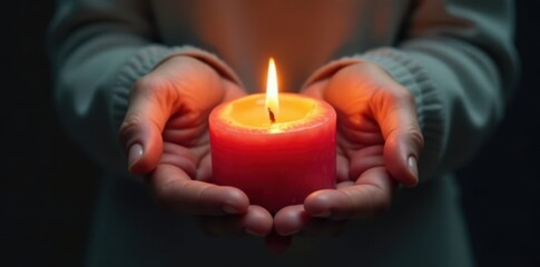 Glowing candle held gently in hands, soft focus , warm, still life