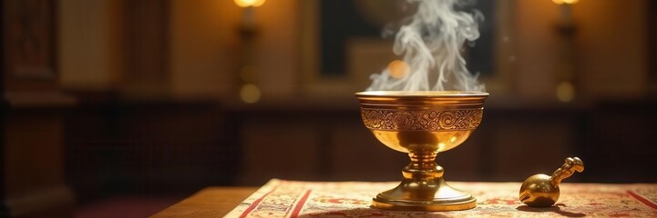 Golden censer with smoke rising, altar scene depicting Levitical ordination , incense, censer, wall art