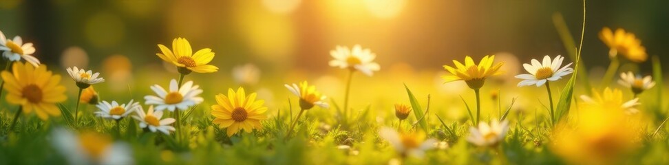 Golden sunlight bathes wildflowers, children's toys scattered , landscape, innocent