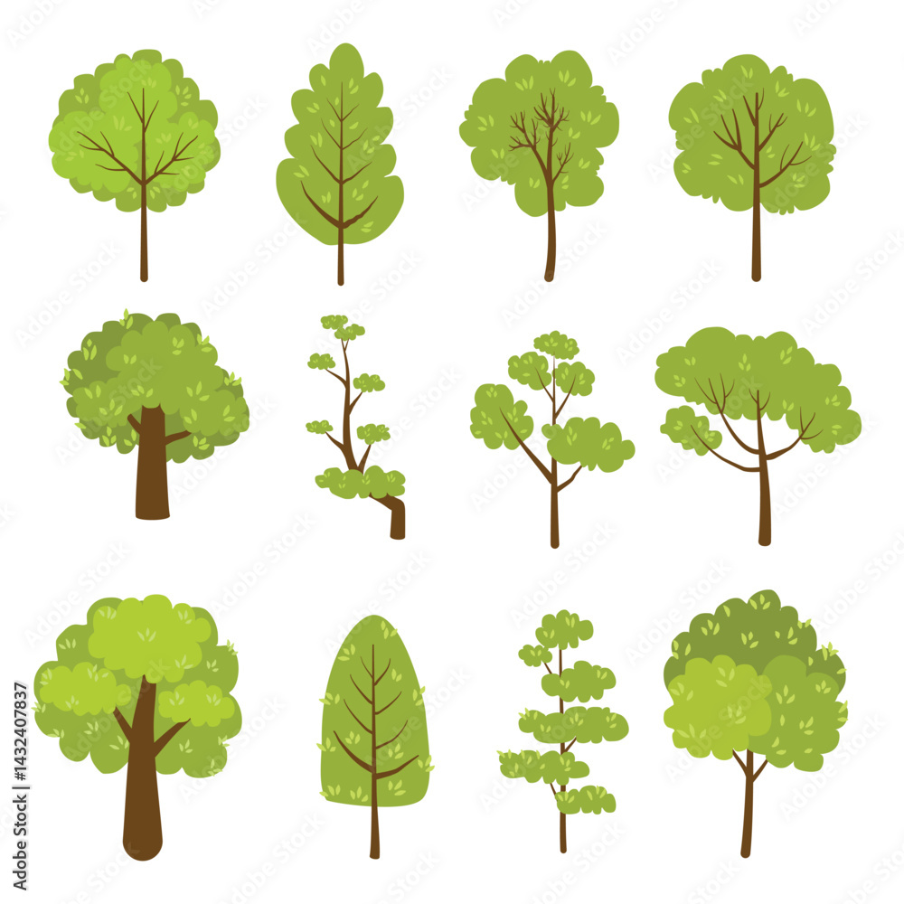 Poster assorted cartoon trees display springtime colors