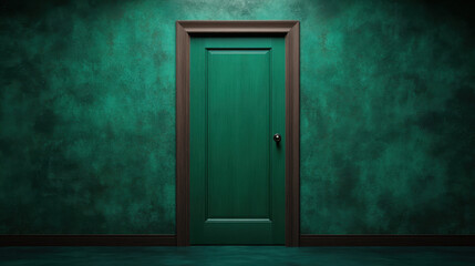 mysterious green closet door stands against textured wall, evoking sense of intrigue and curiosity. rich color and simple design invite exploration and imagination