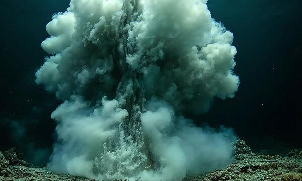 Underwater hydrothermal vent erupting plumes of steam and minerals