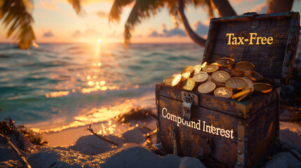 Treasure Chest of Tax-Free Compound Interest on Tropical Beach at Sunset &ndash; Hyper-Realistic