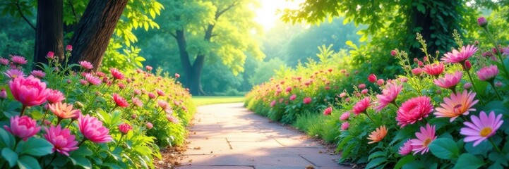 Serene garden path, vibrant watercolor blooms, lush foliage, illustration, colors