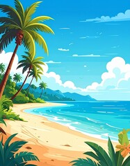 Obraz premium tropical beach with palm trees for postcard design illustration