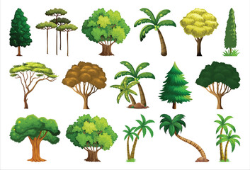 Cartoon trees showcase diverse foliage