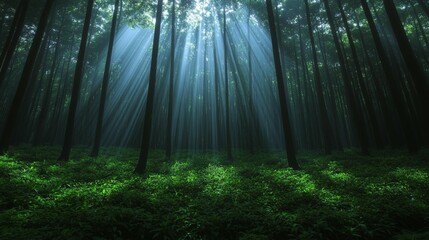 Obraz premium Mystical forest scene dark green blue atmospheric nature background