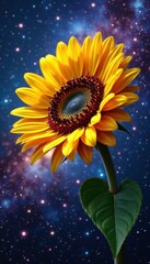 Immense sunflower head; swirling galaxy at its heart, vibrant colors , dust, magic