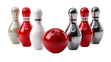 Striking Arrangement: A detailed shot of bowling pins and a bowling ball, arranged and ready to strike. Captured at eye level, this image emphasizes the anticipation and skill involved in the sport.