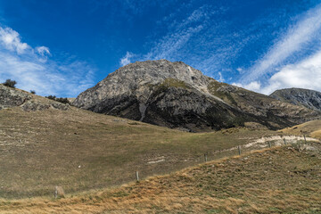 Surrounded by mountain ranges the extreme arid dry farming fields in the Rangitata Valley  in Canterbury NZ