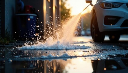 Powerful water stream washes concrete floor near portable car wash , cleaning equipment, high pressure, cleaning service