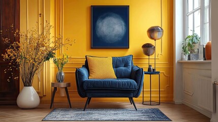Creative living room with mock-up poster, yellow wall, armchair, and elegant decor accessories. -