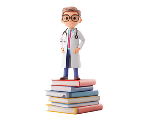 3D character of a young doctor standing on a stack of books isolated on transparent background