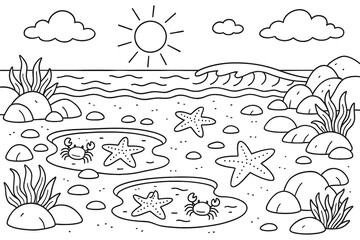Simple Tide Pool Discovery Coloring Page with Crabs and Starfish