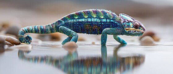 A blue and green chameleon is walking on a rock