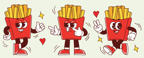retro cartoon french fries set. vintage characters walking pose and thumb up