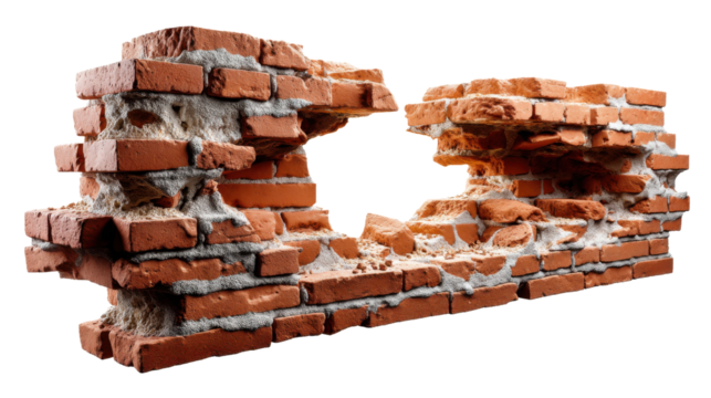 Deconstructed Brickwork: A section of a red brick wall, crumbling and revealing the internal structure. It's a visual metaphor for the decay of infrastructure.