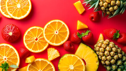 Vibrant Tropical Fruit Banner Sliced Oranges, Pineapple, Strawberries