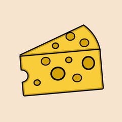 A clean vector illustration of a Swiss cheese wedge with round holes, designed in bold lines and flat yellow colors, perfect for food-related design projects.