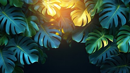 Lush tropical leaves, vibrant greens and golds, backlit