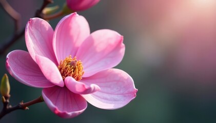 Soft pink magnolia flower, showing intricate details of petals and texture , new growth, elegant