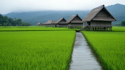 Pathway through lush green rice fields to rustic house