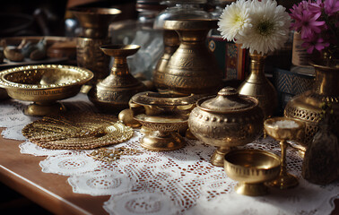 Tarnished brass vessels and lace doily on display create nostalgic, retro aesthetic. These decorative pieces evoke sense of timeless beauty and quiet charm